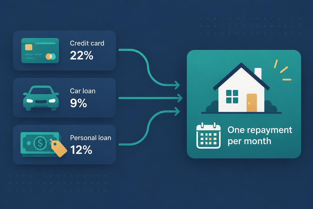 Diagram showing a credit card, car loan and personal loan consolidating into one home loan repayment per month